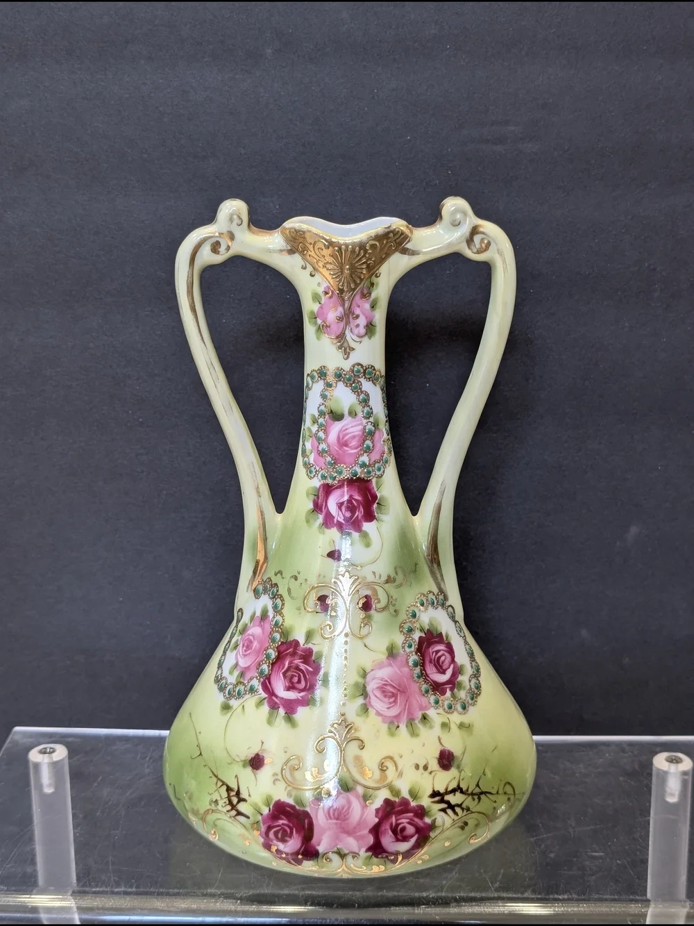Antique-Style Two-Handled Floral Porcelain Vase - Pink Roses on Pale Green